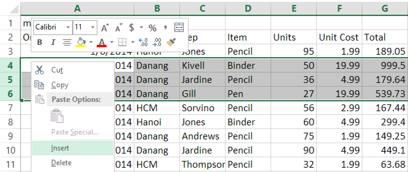 Chèn thêm nhiều dòng trống trong Excel