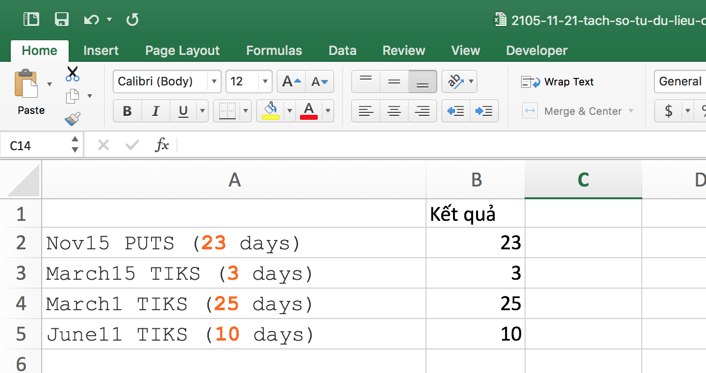 Excel tách số từ dữ liệu cho trước