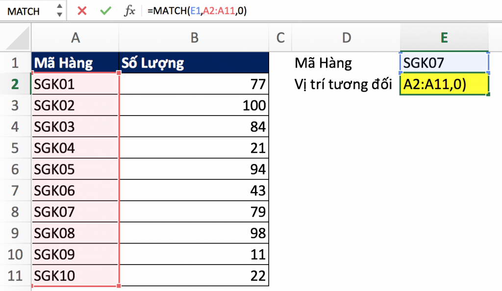 1- Hàm Match trong Excel qua các ví dụ