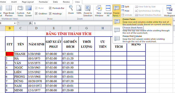 Thủ thuật cố định dòng, cố định cột trong Excel - Học Excel Online Miễn Phí