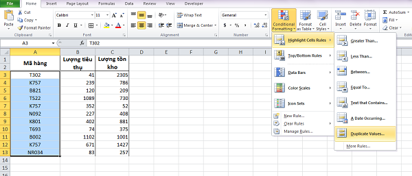 Home - Conditional Formatting - Highlight Cells Rules - Duplicate Values