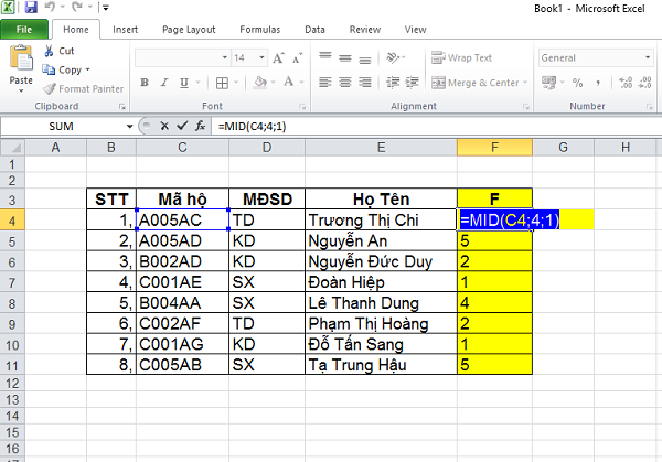 Hướng dẫn sử dụng hàm Mid trong excel