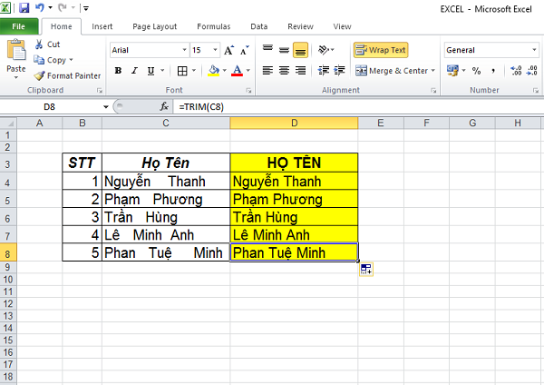 Hàm TRIM() trong Excel, hướng dẫn sử dụng và có ví dụ cụ thể