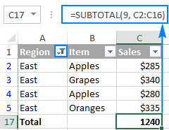 subtotal filtered rows