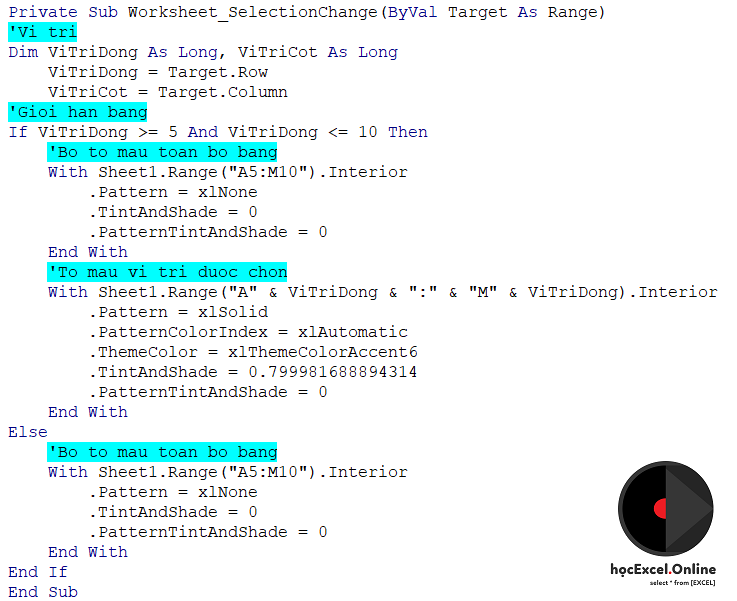 Tự Động Tô Màu Dòng Của Ô Được Chọn Trong Bảng Bằng Vba - Học Excel Online  Miễn Phí