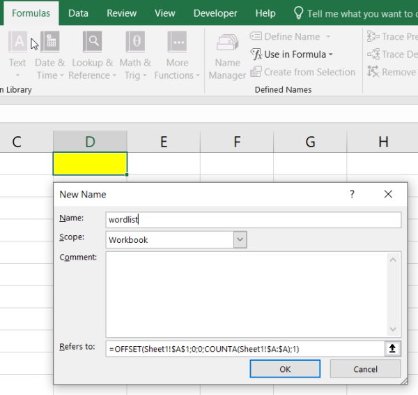 Tạo data validation với name động trong Excel với hàm Offset và counta