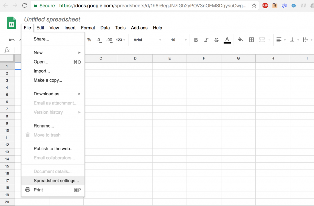 Chọn Spreadsheet Settings trong Google Sheets
