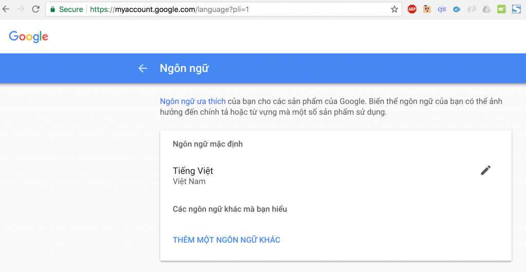 Sửa đổi ngôn ngữ tiếng Việt trong Google Account