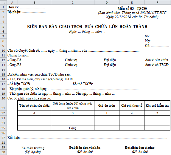 Mẫu Biên Bản Bàn Giao Tscđ Sửa Chữa Lớn Hoàn Thành Theo Thông Tư 200 Trên  Excel Mới Nhất Năm 2018 - Học Excel Online Miễn Phí