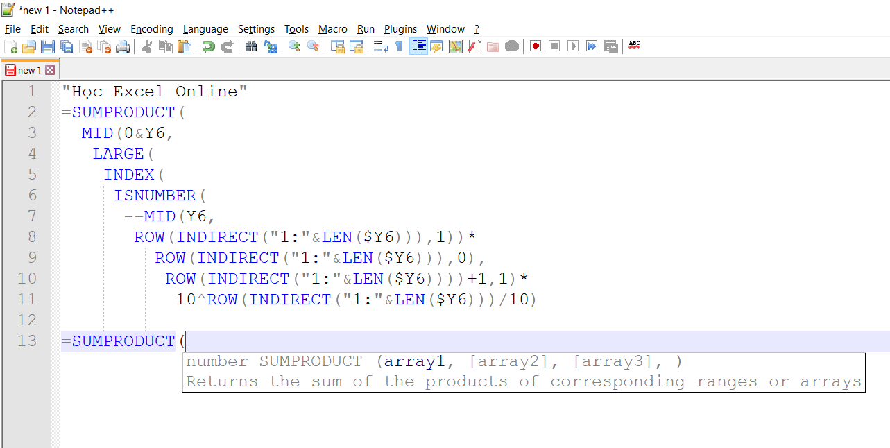 Soạn Thảo (Nháp) Công Thức Excel Trong Notepad++