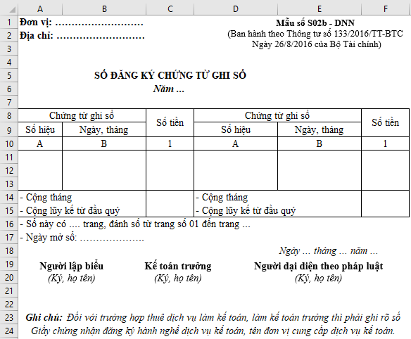 Sổ Đăng Ký Chứng Từ Ghi Sổ Theo Thông Tư 133 Trên Excel