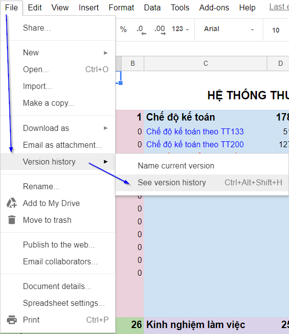 Hướng dẫn cách xem lịch sử chỉnh sửa Google trang tính (Google Sheets)