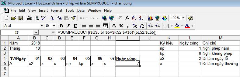 sumproduct cham cong