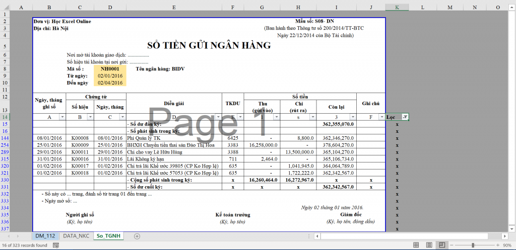 Hướng dẫn cách làm sổ kế toán chi tiết tiền gửi ngân hàng trên Excel
