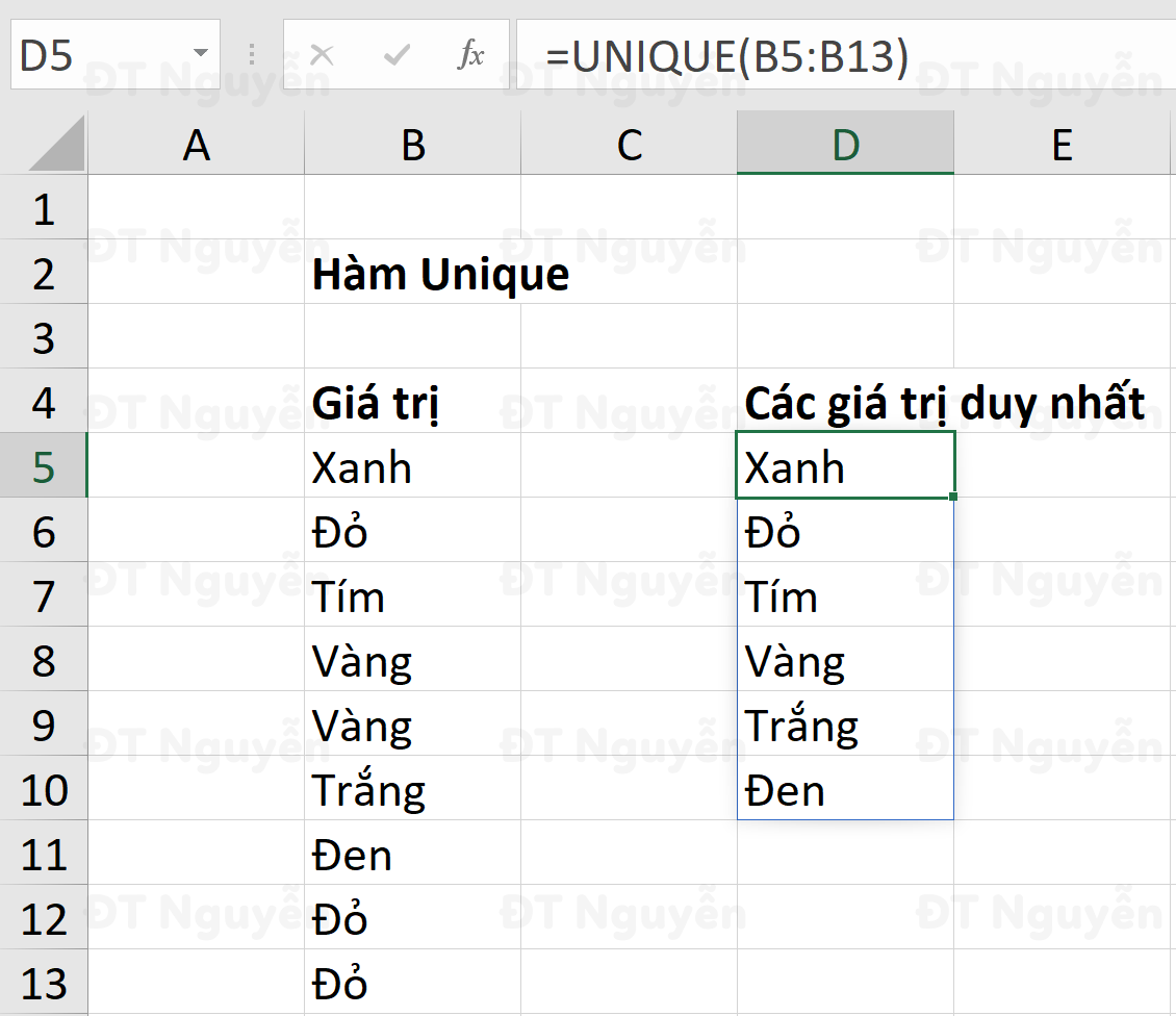 Hàm Unique lọc giá trị duy nhất trong Excel