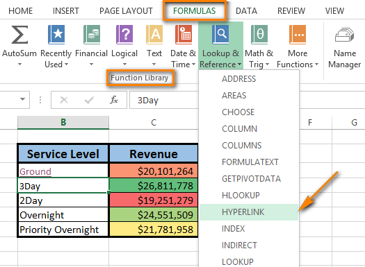 Click on HYPERLINK in the Lookup & Reference drop-down menu to start entering the formula