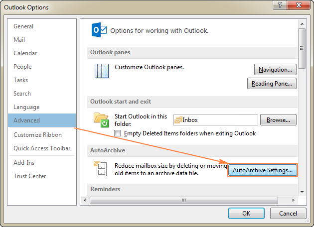 microsoft outlook autoarchive settings