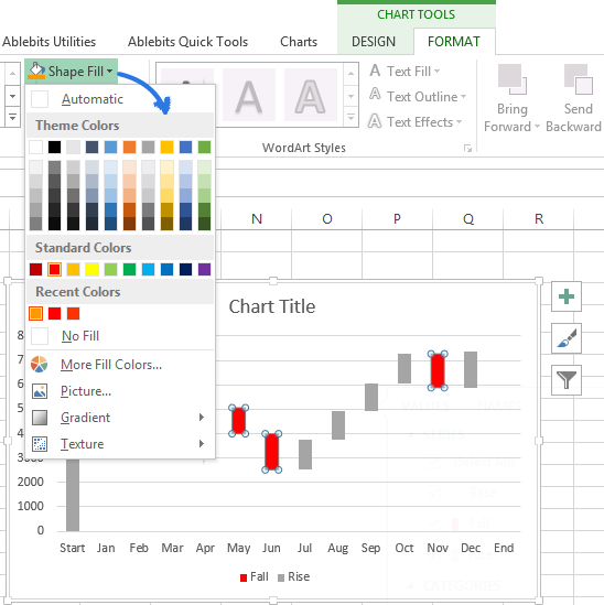 Click on Shape Fill in the Shape styles group on the Format tab to change the column color