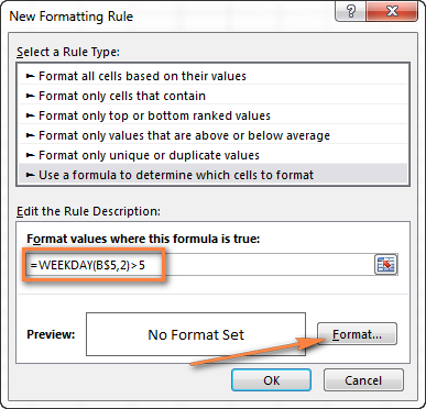 Excel conditional formatting rule with the WEEKDAY formula to highlight weekends.