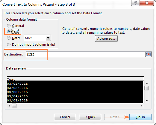 Converting dates to text format using the Convert Text to Columns Wizard