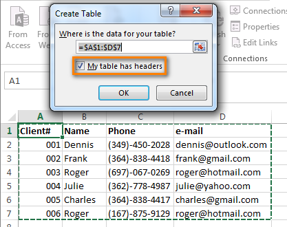 Transform your range into Excel table with headers