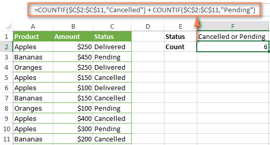 Counting cells that meet any of the specified criteria