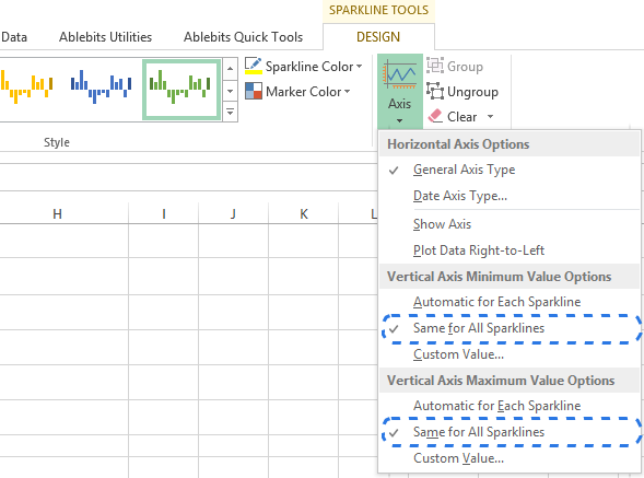 Select Same for All Sparklines in the Axis drop-down menu to customize the vertical axis of maximum and minimum values