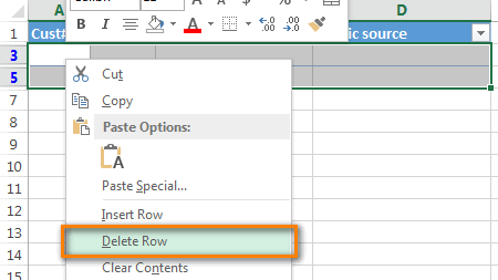 Right-click on any selected cell and choose Delete row