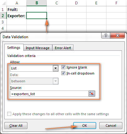 Setting up Excel Data Validation for the dynamic cascading drop-down list