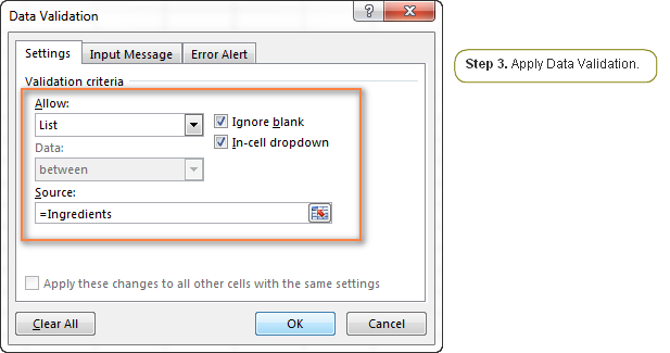 Configuring a message to be displayed when a cell with the drop-down list is clicked.