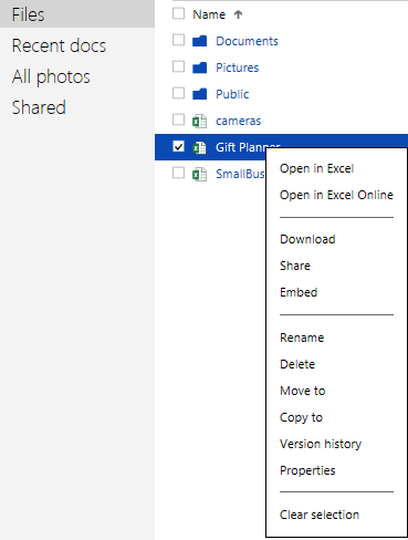 To make changes in several workbooks, open the list of files on your OneDrive, right click the needed workbook and select the action from the context menu.