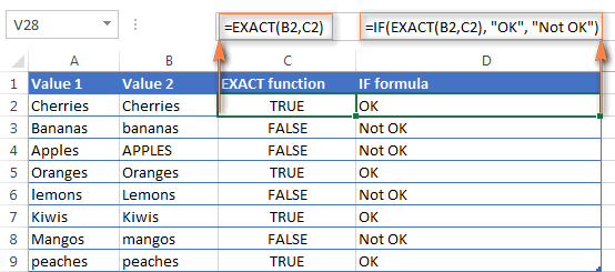 Using the EXACT function for case-sensitive comparison of text values