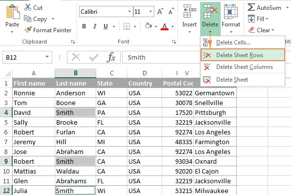 Delete all found cells or rows in one go