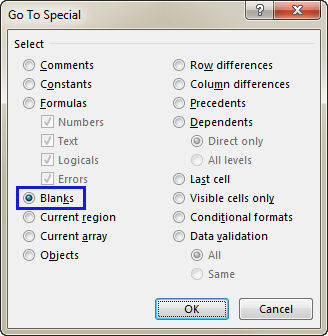 Select the Blanks radio button on the Go To Special window