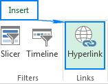 Insert a hyperlink in Excel by clicking the ribbon button.