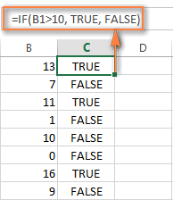 an example of the IF function that displays logical values TRUE or FALSE