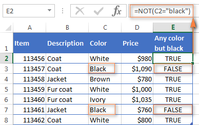 Using the NOT function in Excel