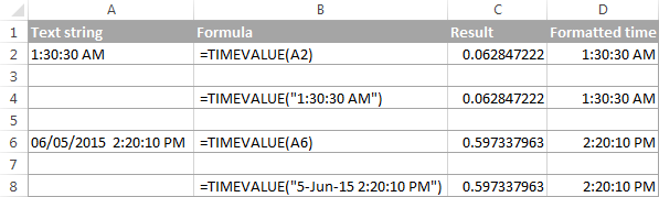 Convert text to time using the Excel TIMEVALUE function