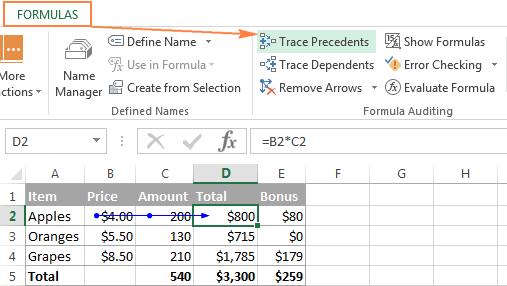 Click the Trace Precedents button to show cells that supply data for a selected formula.
