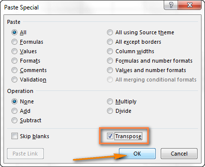Select Transpose in the Paste Special dialog.