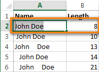 Excel table with leading and trailing spaces, spaces between words