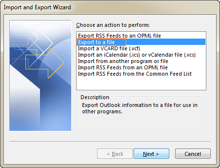 Select Export to a file, and click Next.