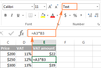 Excel formulas entered as text display as formulas in cells and are not calculated.