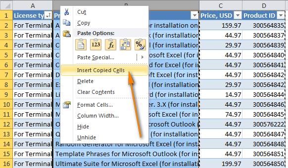 Select the column before which you want to insert the copied columns and choose Insert copies cells.