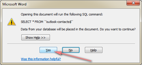 click Yes to keep the connection between the Excel file and Word document.
