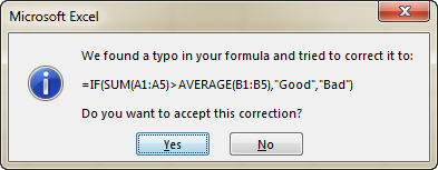 Microsoft Excel displays an alert suggesting to fix the formula for you automatically.
