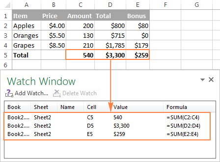 Use Excel's Watch Window to monitor the key formulas in a workbook.