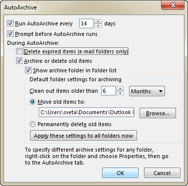 The default Outlook Auto Archive settings