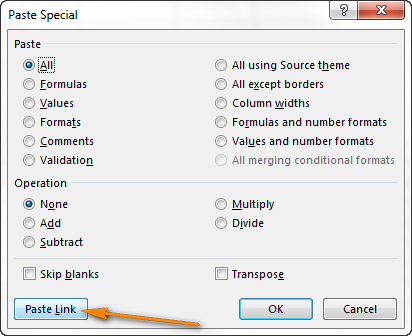 Open the Paste Special dialog and select Paste Link.