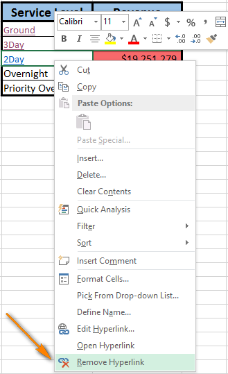 Right-click on the cell and choose Remove Hyperlink to delete the hyperlink from the worksheet